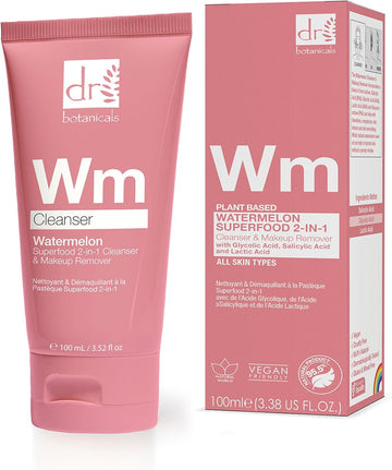 Dr Botanicals Watermelon Cleanser & Makeup Remover 100Ml With Salicylic Acid, Glycolic Acid, Lactic Acid, And Gluconolactone - Targets Blemishes And Skin Texture - Infused With Watermelon Seed Oil