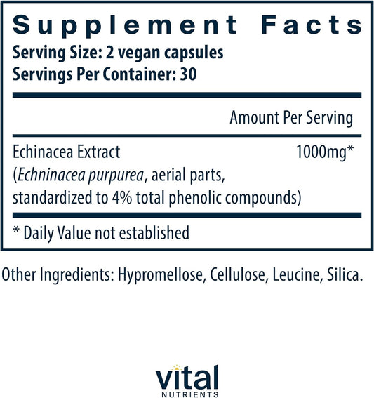 Vital Nutrients - Echinacea Extract - Immune System Support - 60 Vegetarian Capsules per Bottle - 1000 mg