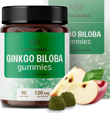 Herbamama Ginkgo Biloba Gummies - Ginkgo Biloba 120 Mg Brain Health Supplements For Adults - Vegan, Gelatin-Free, Non-Gmo - 90 Apple-Flavored Brain Support Chews