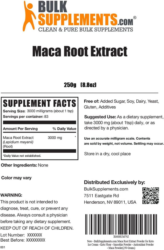 BULKSUPPLEMENTS.COM Organic Maca Root Extract Powder - Maca Supplement, Maca Powder Organic - Maca Root for Women & Men, Vegan & Gluten Free, 3000mg of per Serving, 250g (8.8 oz), Pack of 1