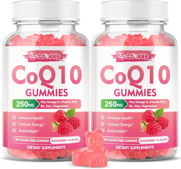 Sugar-Free Coq10 Gummies 250Mg, Coenzyme Q10 Supplements Plus Omega-3, Vitamin B6 & Zinc, High Absorption Coq10 Supplement For Cellular Energy & Antioxidant Support, Raspberry Flavor, Vegan 120Cts