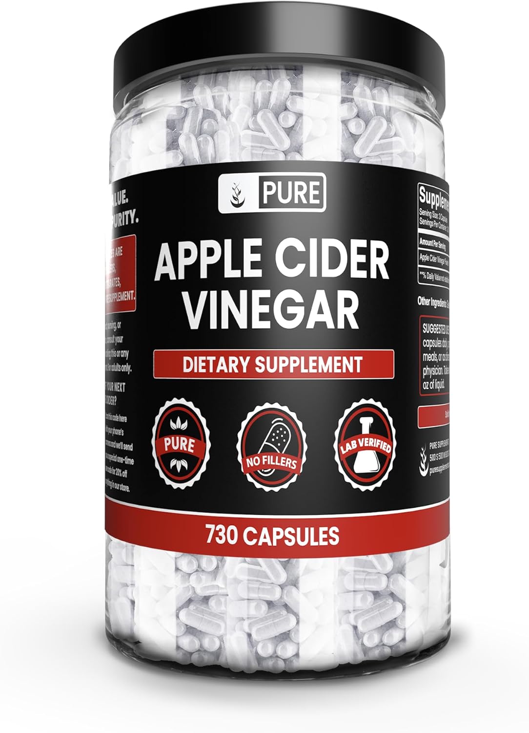 Pure Original Ingredients Apple Cider Vinegar (730 Capsules) No Magnesium Or Rice Fillers, Always Pure, Lab Verified