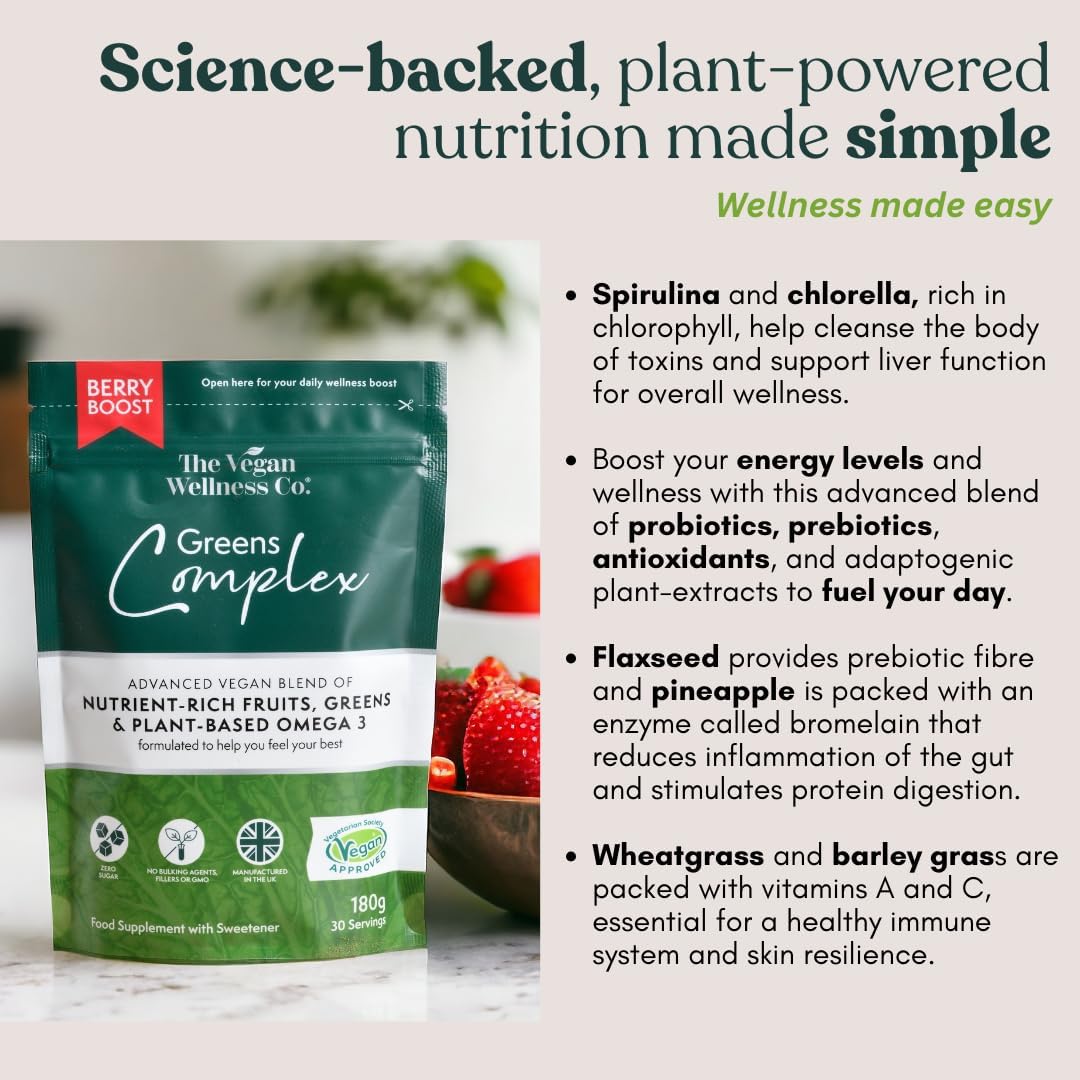 The Vegan Wellness Co. Greens Complex Berry Boost Powder, 2 x 180g Pouches Advanced Greens, Fruits and Superfood Blend for Overall Wellness : Amazon.co.uk: Health & Personal Care