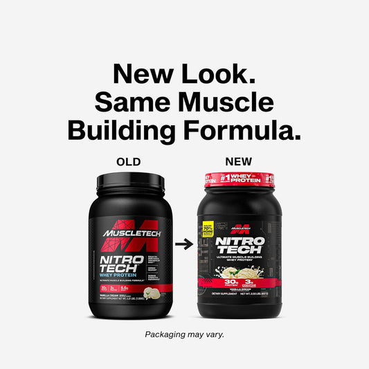 Muscletech Whey Protein Powder (Vanilla Cream, 2.2 Pound) - Nitro-Tech Ultimate Muscle Building Formula With Whey Protein Isolate & Peptides - 30G Of Protein, 3G Of Creatine & 6.8G Of Bcaa