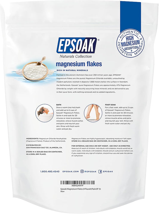 Epsoak Naturals Collection Magnesium Flakes For Foot Spa & Relaxing Bath, 4 Lb, 100% Natural & Unscented Zechstein Magnesium Chloride