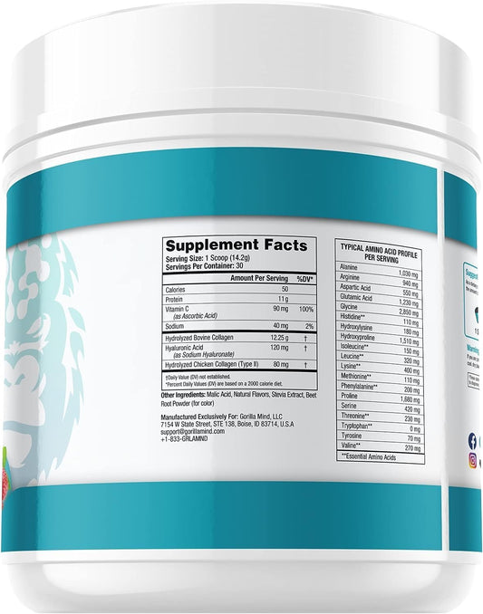 Gorilla Mind Collagen Peptides Powder - Joint & Bone Health/Great For Hair, Skin & Nails/Sleep Support/Types I, Ii, Iii/Mix In Water, Juice Or A Smoothie - 435G (Blue Raspberry)