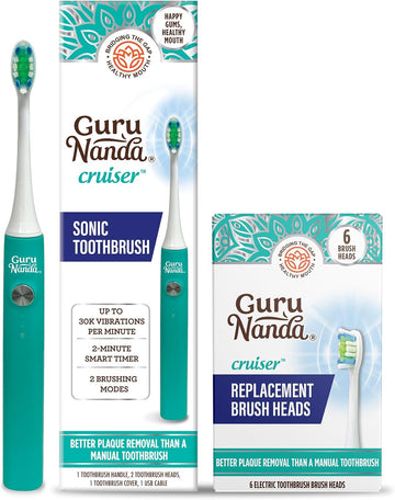 Gurunanda Cruiser Sonic Toothbrush With 8 Brush Heads, 1 Brush Cap, 1 Usb Cable - 2 Modes, 2-Minute Timer & More Than 30,000 Vibrations, Teal