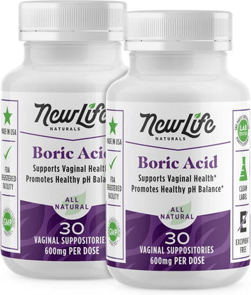 Newlife Naturals Boric Acid Suppositories For Women - 600Mg | Ph Balance Pills For Female Genital Discomforts | Feminine Care | 2 Pack (60 Capsules) | Made In Usa