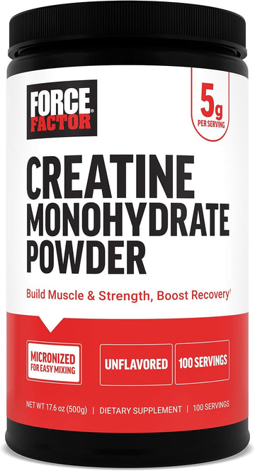 Force Factor Creatine Monohydrate Powder, 5G Micronized Dose To Support Muscle Growth, Strength, Recovery, Cognitive Health & Memory, Unflavored, 200 Servings