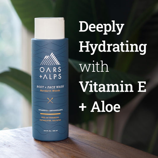 Oars + Alps Mens Moisturizing Body and Face Wash, Skin Care Infused with Vitamin E and Antioxidants, Sulfate Free, Mandarin Woods, 13.5oz, 1 Pack