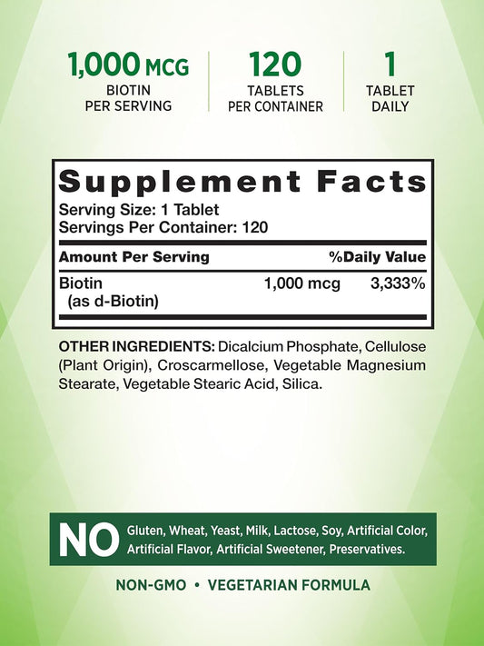 Biotin 1000Mcg | 120 Tablets | Hair Skin And Nails Pills | Vegetarian, Non-Gmo, Gluten Free Supplement | By Nature'S Truth