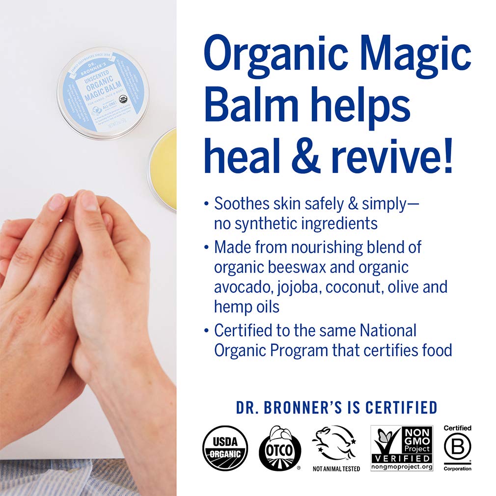 Dr. Bronner's - Organic Magic Balm (Baby Unscented, 2 Ounce) - Made with Organic Beeswax and Hemp Oil, Moisturizes and Soothes Hands, Face and Body, Relieves Dry Skin, Helps Prevent Diaper Rash : Health & Household