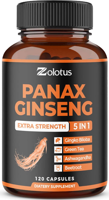 Zolotus Korean Red Panax Ginseng + Ginkgo Biloba - 2800Mg Extra Strength With Ashwagandha, Beetroot, Green Tea - Support Strength, Stamina, Energy Production & Mood Balance - 120 Capsules