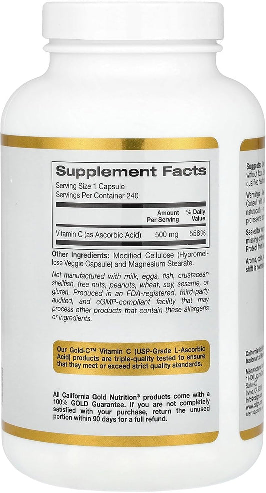 Gold C By California Gold Nutrition - Usp Grade Vitamin C Supplement - Immune Support & Seasonal Wellness - Vegetarian Friendly - Gluten Free, Non-Gmo - 500 Mg - 240 Veggie Capsules