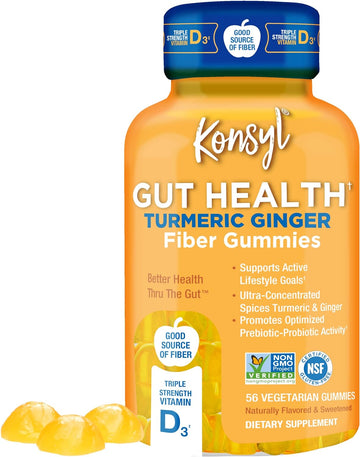 Konsyl Gut Health Turmeric Ginger Fiber Gummies - Helps Support Digestive Health+ - Vegetarian Fiber Supplement Gummies for Adults- 56 Count