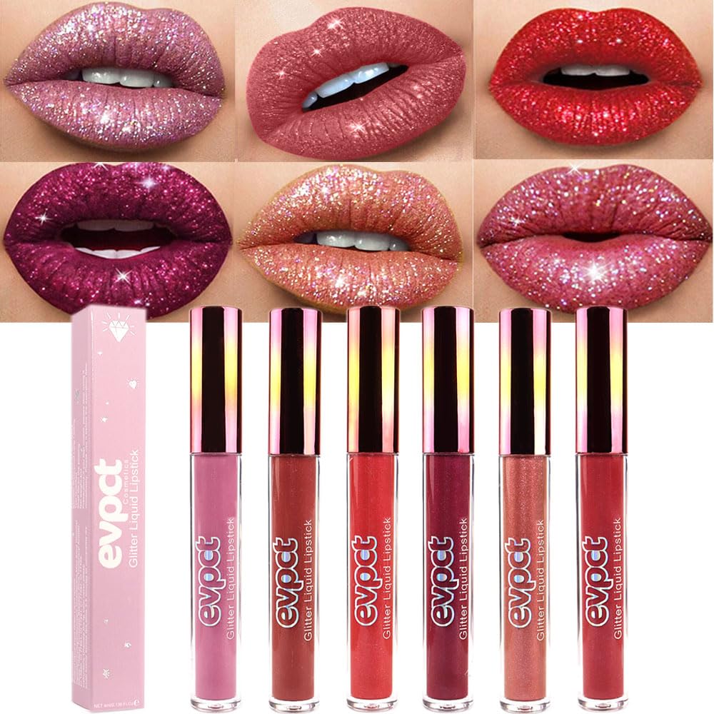 Evpct 1Pcs Hot Pink Glitter Metallic Shimmer Diamond Lipstick Lip Gloss For Women Long Lasting Waterproof, Light Bright Rose Pink Sparkle Glitter Matte Liquid Lipstick Lip Makeup Kit, 11
