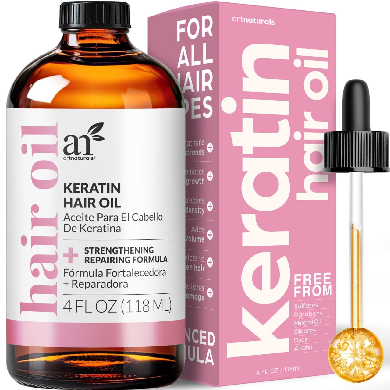 Artnaturals Keratin Hair Oil 4Oz -Invigorating Nourishing Treatment For Hair & Scalp, Targeting Dryness, Damaged Hair, Split Ends - All Hair Types