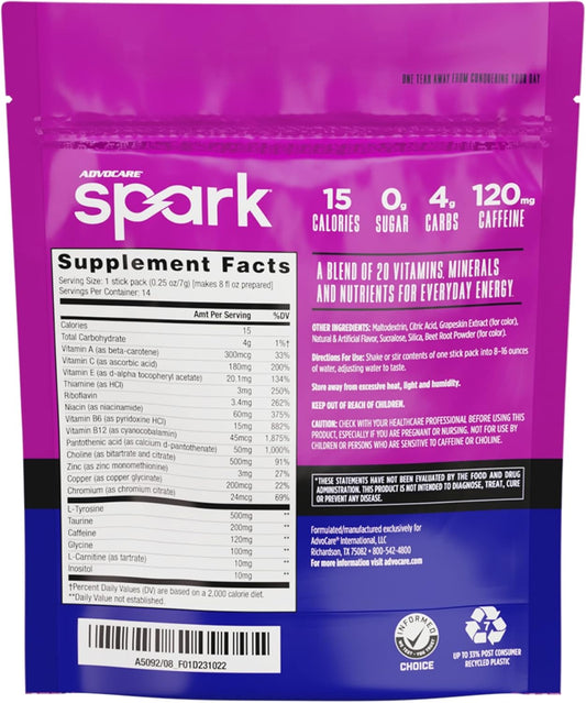 Advocare Spark Vitamin & Amino Acid Supplement - Focus & Energy Drink Powder Mix With Vitamin A, B-6, C & E - Also Includes L-Carnitine & L-Tyrosine - Grape, 14 Stick Packs