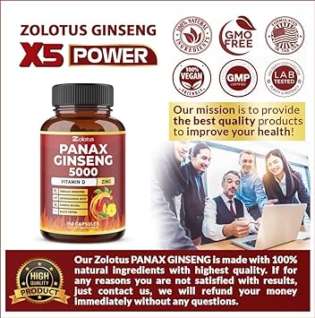 Zolotus 7 in 1 Premium Panax Ginseng + Tribulus Terrestris, 5 Months Supply, 5000 mg per Capsule wtih Ashwagandha, Gingko Biloba : Health & Household