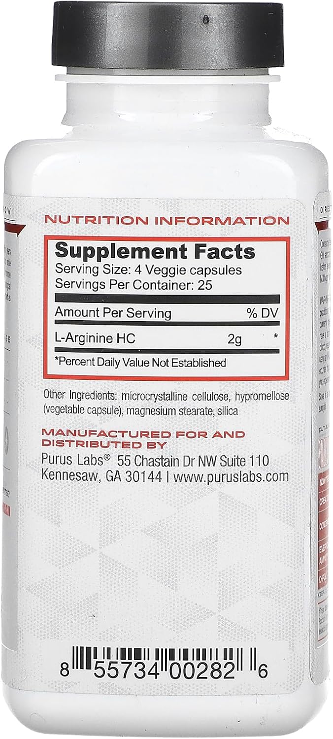 Purus Labs L-Arginine Active Amino Acid | Endurance, Pumps, & Muscle Growth | Nitric Oxide For Increased Blood Flow | 25 Servings, 100 Veggie Capsules : Health & Household