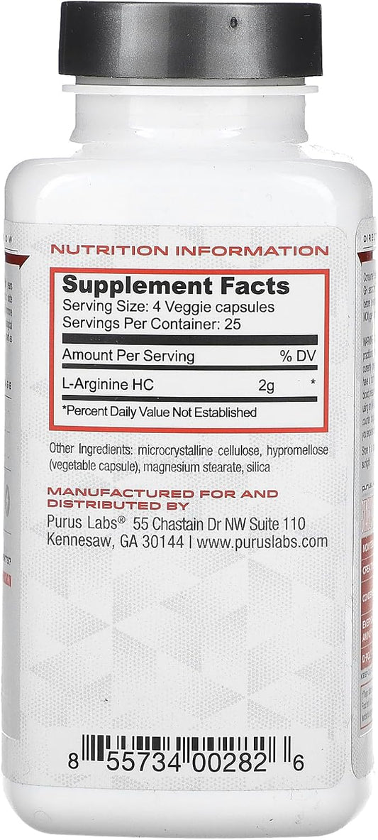 Purus Labs L-Arginine Active Amino Acid | Endurance, Pumps, & Muscle Growth | Nitric Oxide For Increased Blood Flow | 25 Servings, 100 Veggie Capsules : Health & Household