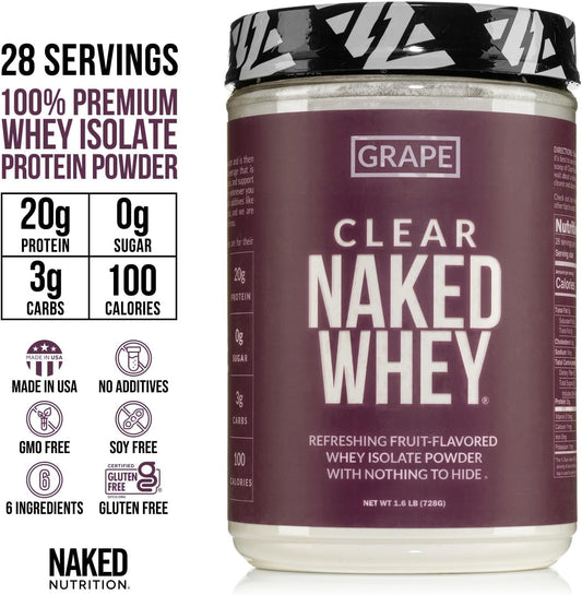 NAKED nutrition Clear Naked Whey Isolate Protein Powder, Grape Flavor, Iso Protein Powder, No Gmos Or Artificial Sweeteners, Gluten-Free, Soy-Free - 28 Servings