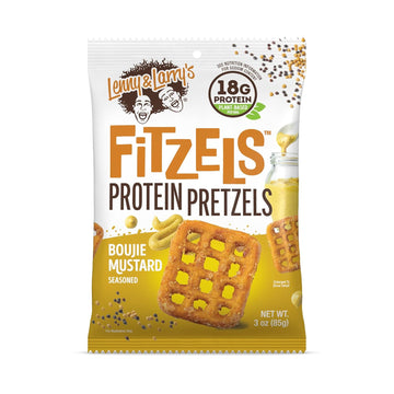 Lenny & Larry's Boujie Mustard FITZELS- Savory Pretzel Snacks Incredibly Tasty, High Protein, Salty, Vegan, Kosher 18 g's of Plant Based Protein 8 (eight) Bags, 3 oz Each