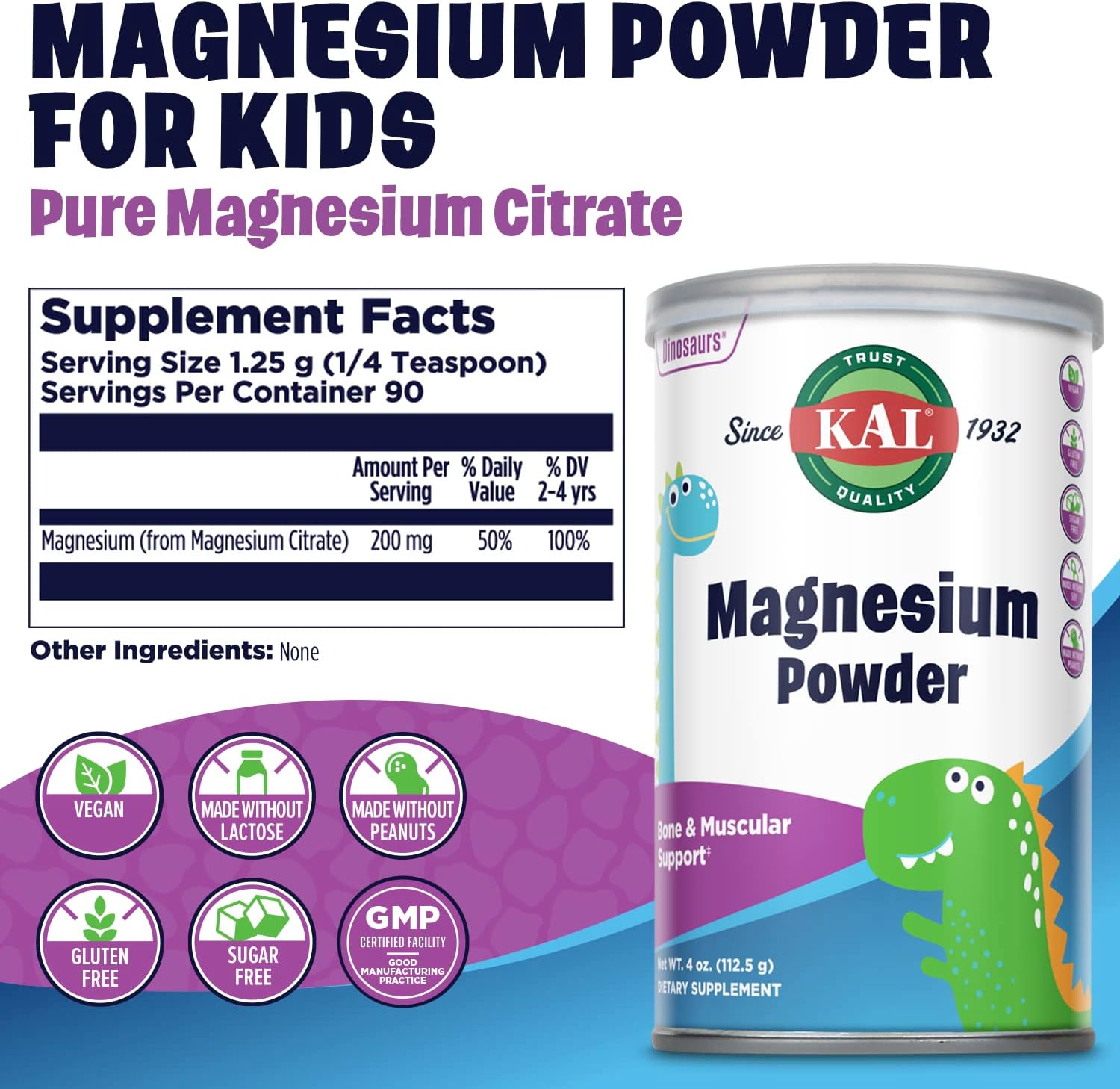 KAL Magnesium Powder, Magnesium for Kids, Pure Magnesium Citrate Powder, Healthy Bone Development, Muscle and Nerve Function Support, Vegan, Gluten Free, Sugar Free, 90 Servings, 