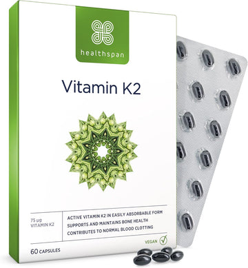 Healthspan Vitamin K2 75µg (60 Capsules) | For Bone And Blood Health | Contains 75 µg Vitamin K2 | Using A Pure, Active Form Called Mk-7 | Supports Normal Blood Clotting | Vegan