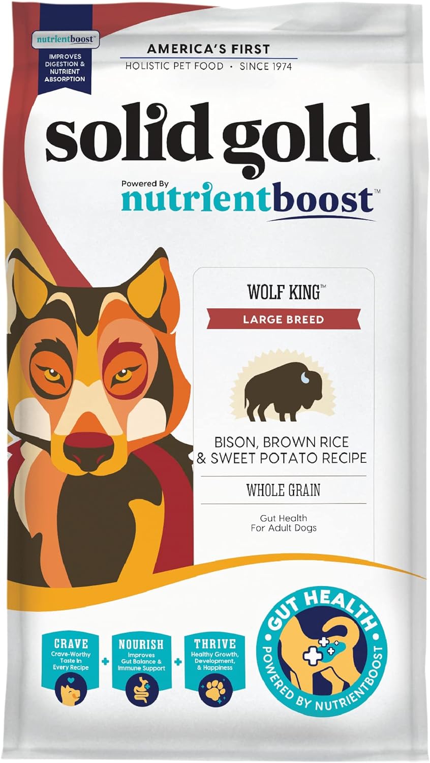 Solid Gold Nutrientboost Wolf King Large Breed Dog Food - Whole Grain Dry Dog Food Kibble Made With Real Bison, Brown Rice & Sweet Potato - Omega 3, Superfood & Digestive Probiotics - 22 Lb Bag