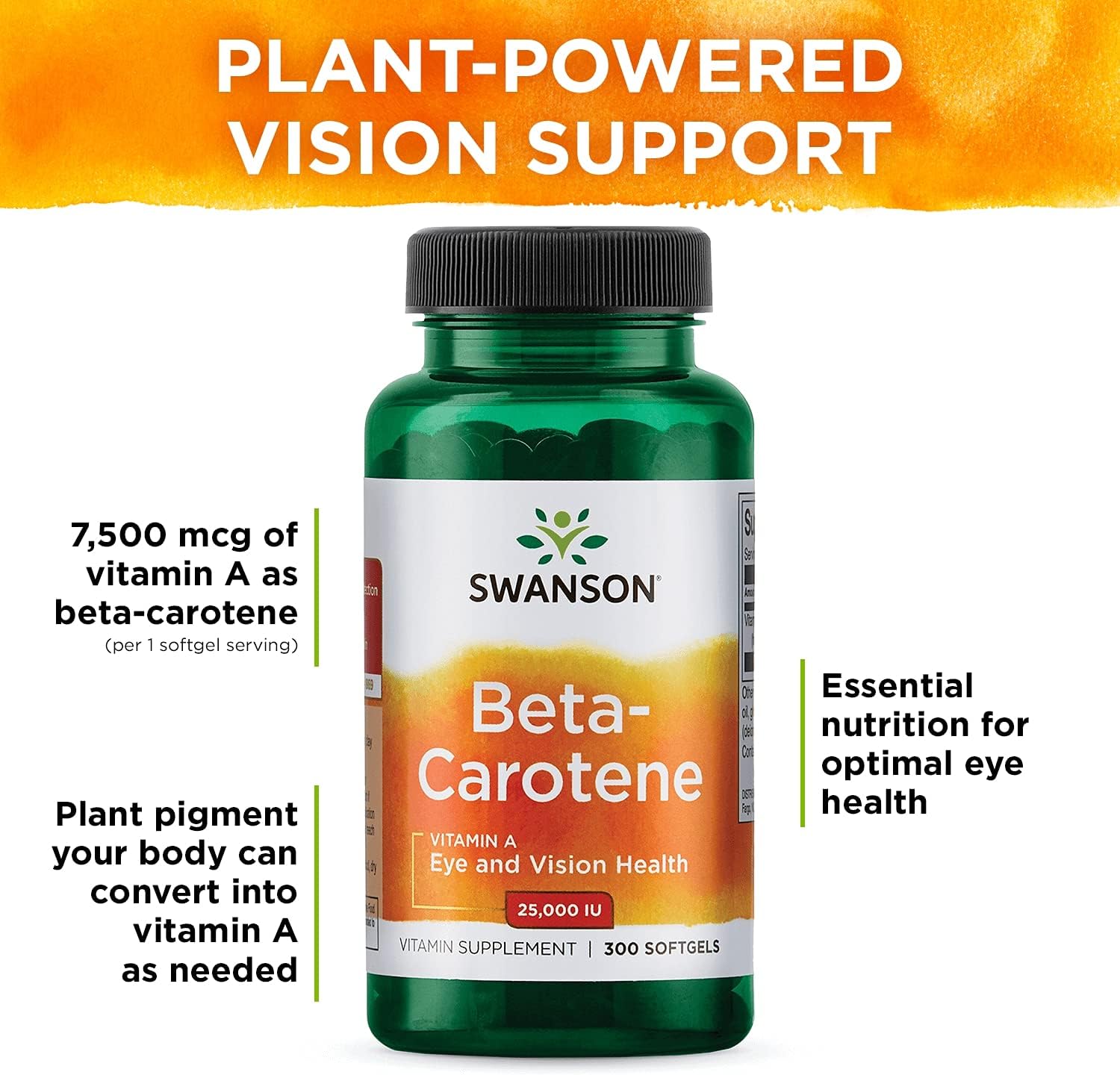 Swanson Beta-Carotene Vitamin A 25000 Iu Softgels - Skin, Eye, And Immune System Health - Antioxidant Support - 7500 Mcg (300 Softgels) (2 Pack)