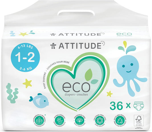 ATTITUDE Biodegradable Baby Diapers NonToxic EcoFriendly Safe for Sensitive Skin ChlorineFree LeakFree Size lbs 4 Packs of 36, Plain White (Unprinted), Fragrance Free, 144 Count