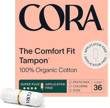 Cora 100% Organic Cotton Non-Applicator Tampons | Ultra-Absorbent, Unscented, Natural, Non-Toxic, Applicator Free | Eco-Conscious S/S+ (36 S+ Tampons)