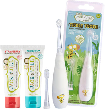 Jack N' Jill Tickle Tooth Sonic Electric Toothbrush & Kids Toothpaste Combo Pack - Gentle Cleaning, Made For Tiny Teeth, Organic Fruit Flavor, Makes Brushing Fun For Kids (Strawberry & Blueberry)