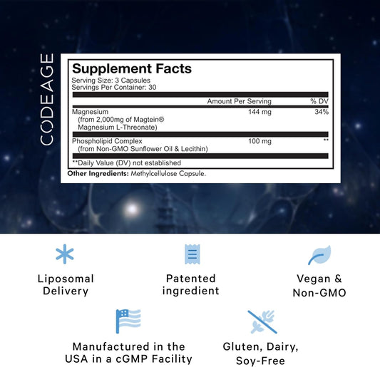 Codeage Liposomal Magnesium L-Threonate Supplement, Patented Magtein Magnesium Threonate For Brain Health, Memory And Cognitive Function Support, Bioavailable L Threonate, Non-Gmo - 90 Capsules