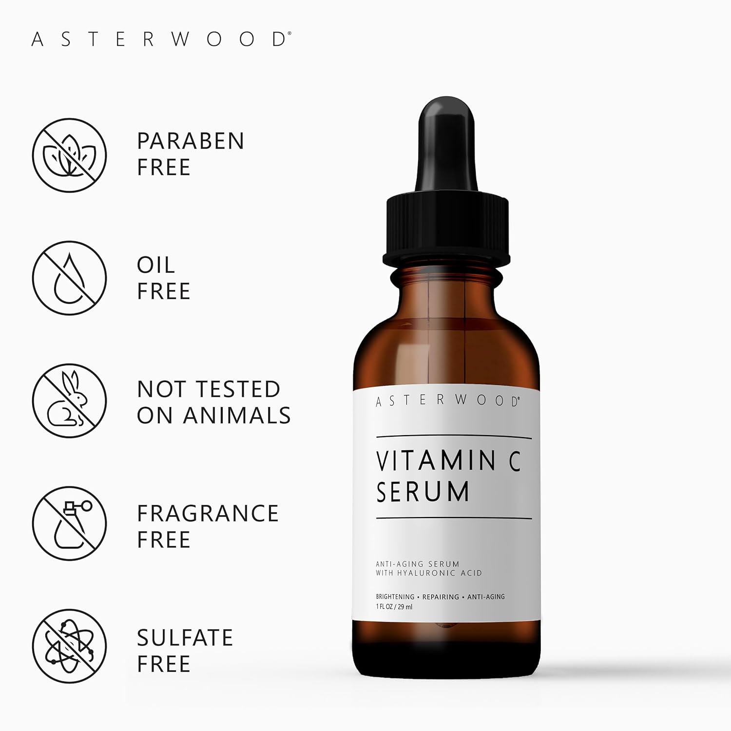 ASTERWOOD Pure Vitamin C Facial Serum for Skin Organic Hyaluronic Acid Added; Brightening, Smoothing, Hydrating; Fragrance Free, Paraben Free, 29 ml/1 oz : Beauty & Personal Care