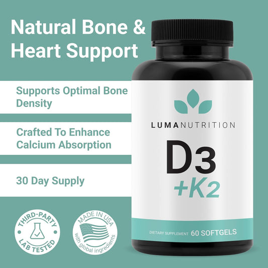 Luma Nutrition D3 + K2 Vitamin 10000 Iu - Bone And Heart Health Supplement - Max Strength Immune Support And Calcium Absorption - 60 Softgels