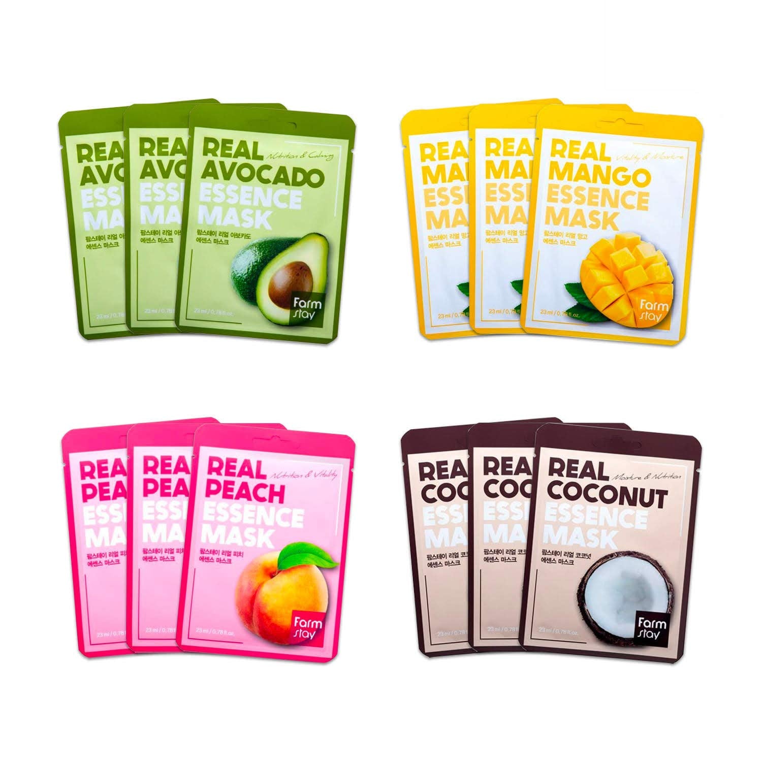 Farmstay Real Essence Mask(12-Combo) - Mango, Coconut, Peach, Avocado | Korean Skin Care Mask Sheet