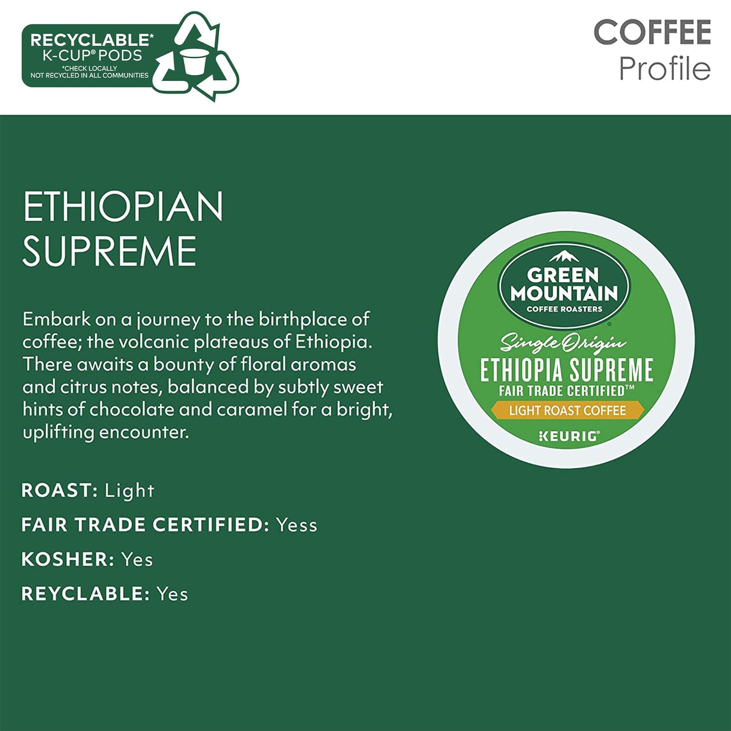 Green Mountain Coffee Roasters Ethiopia Supreme Coffee, 72 Count (6 Packs of 12) : Grocery & Gourmet Food