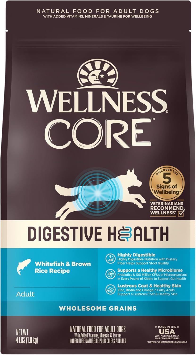 Wellness Core Digestive Health Dry Dog Food With Wholesome Grains, Highly Digestible, For Dogs With Sensitive Stomachs, Made In Usa With Real Protein (Whitefish & Brown Rice, 4-Pound Bag)