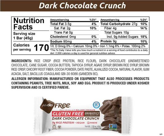 Nugo Free Dark Vegan 9G Rice Protein Bar, Probiotics, Gluten Free, Soy Free, Dark Chocolate Crunch, 1.59-Ounce Bars (Pack Of 12)