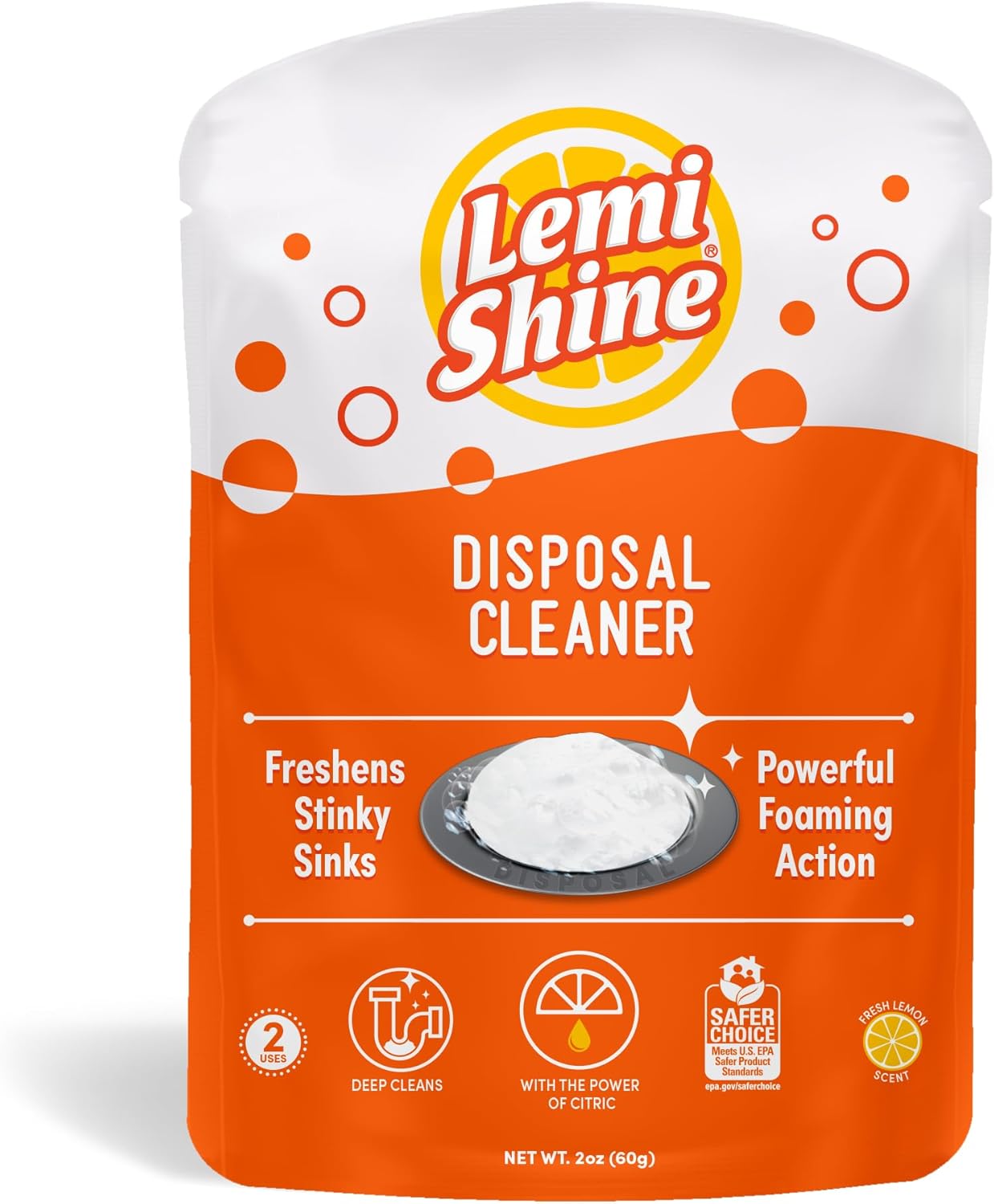 Lemi Shine Garbage Disposal Cleaner And Deodorizer Powered By Citric Acid | Foam Cleaner For Kitchen Garbage Disposal With A Natural, Fresh Lemon Scent (2 Count)