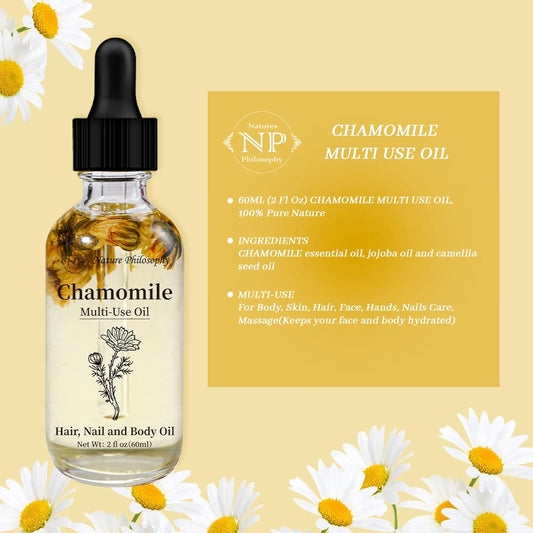 Np Natures Philosophy Chamomile Multi-Use Oil For Face, Body And Hair - Organic Plant Fragrant Essential Oil For Dry Skin, Scalp And Nails - 2 Fl Oz