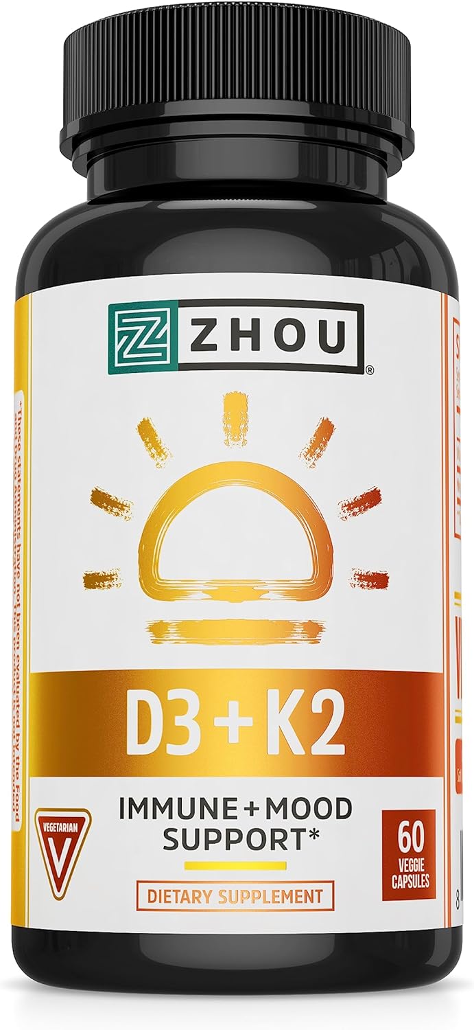 Zhou Nutrition Vitamin D3 K2, Bone And Heart Health Formula 5000 Iu Vitamin D3 & 90 Mcg Vitamin K2, Max Strength 2 In 1 Immune Support And Calcium Absorption, Gluten Free, 60 Count