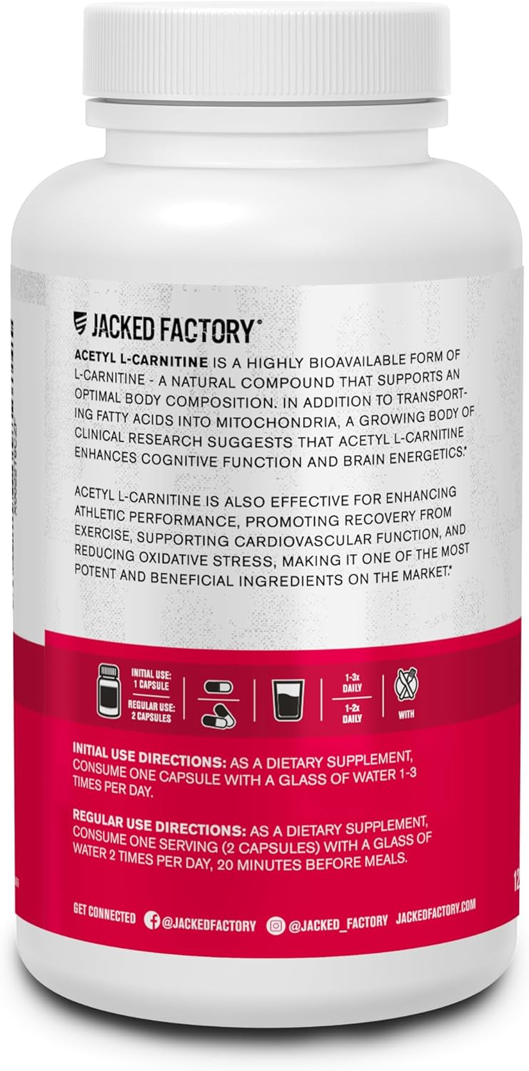 Jacked Factory Acetyl L Carnitine 750mg Supplement - Extra Strength L-Carnitine (ALCAR) for Energy, Body Recomposition, Memory & More - Zero Fillers - 120 Non GMO Veggie Pills : Health & Household