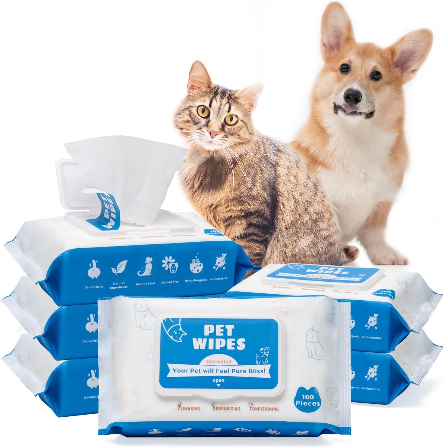 Dog Wipes for Dogs Cats, 600 Count All Purpose Cleaning Pet Wipes, Dog Ear Wipes, Quick Easy Grooming for Bums, Body, Paws, Eyes, for A Easy & Speedy Freshen-Up, 6 Travel Pack of 600 Wipes