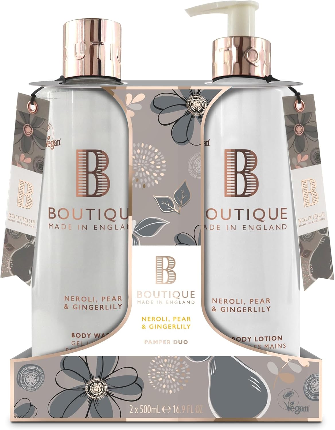 Boutique Neroli, Pear & Gingerlily Body Duo Set - 1 X Body Wash & 1 X Hand & Body Lotion 500Ml - Essential Oils - Vegan - Made In England