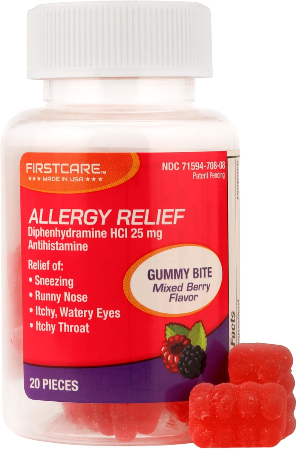 Firstcare® Allergy Relief Soft Chews | Diphenhydramine Hci 25 Mg | Symptom Relief From Indoor & Outdoor Allergens - Sneezing, Runny Nose, Itchy Eyes & Throat | Chewable Allergy Medicine (20 Count)