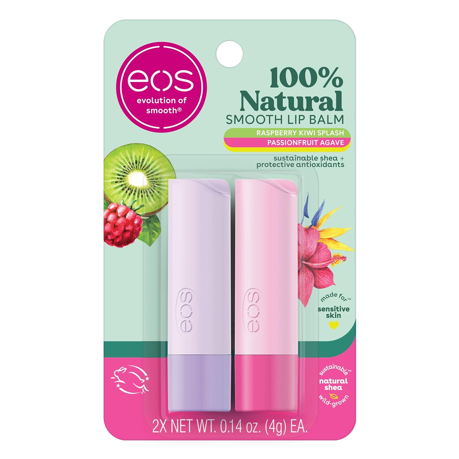 Eos 100% Natural Lip Balm, Raspberry Kiwi Splash & Passionfruit Agave, All-Day Moisture, Lip Care Products, 0.14 Oz, 2-Pack