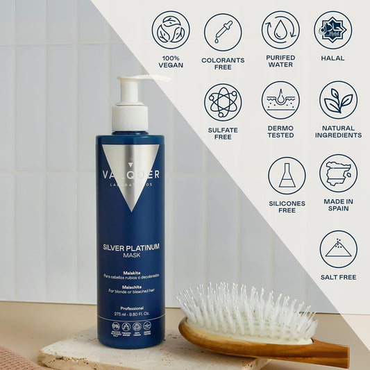 Valquer Silver Platinum Mask Conditions, Nourishes, And Repairs Blonde Or Bleached Hair. Toning And Neutralizing Yellowish And Orange Colors With Malakite And Panthenol. Vegan. 275 Ml